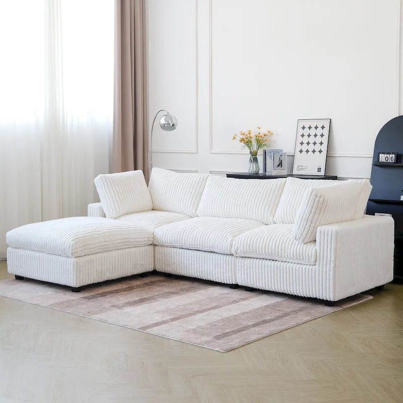 L-shaped Polyester Fabric Couch Modern Sectional Sofa with Ottoman
