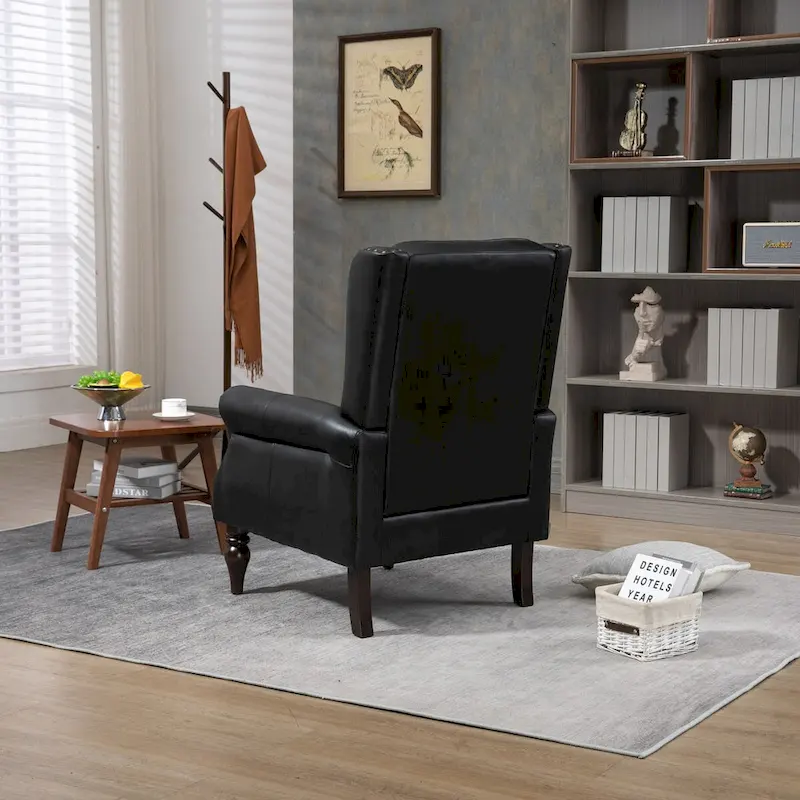 Upholstered PU Leather Accent Chair,Mid Century Button Tufted High Back Arm Chair with Armrest and Solid Wood Legs