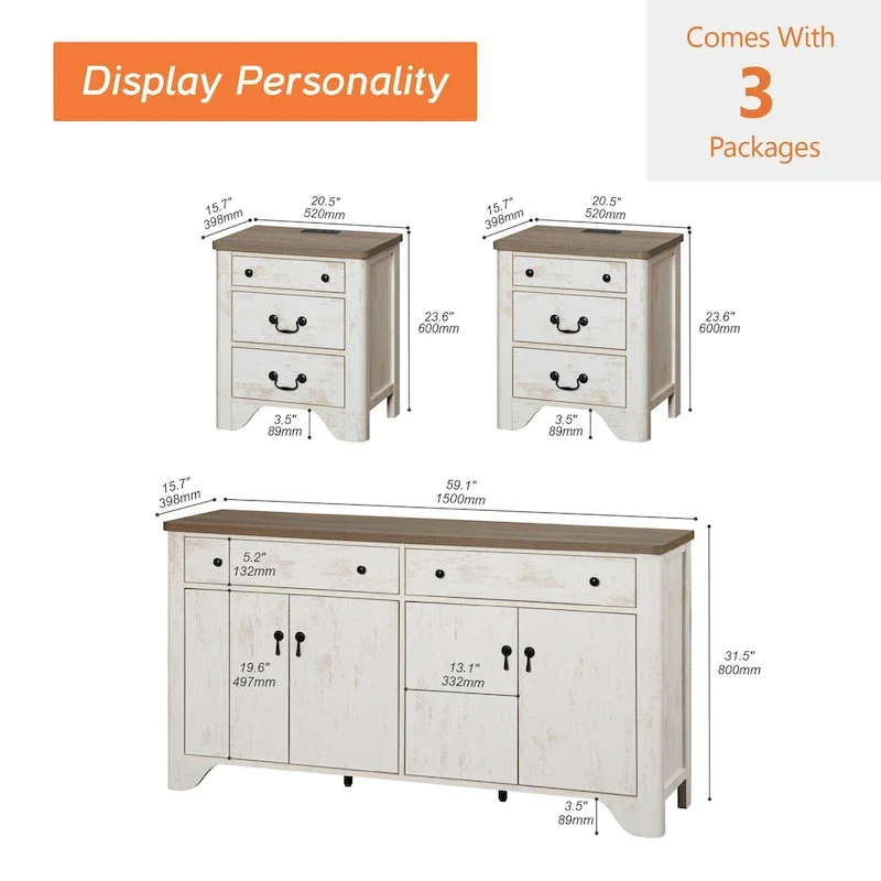 WAMPAT Farmhouse 3PCS Bedroom Set, 59 W Large Sideboard Buffet Cabinet,and Wood Nightstands Set of 2 with Charging Station