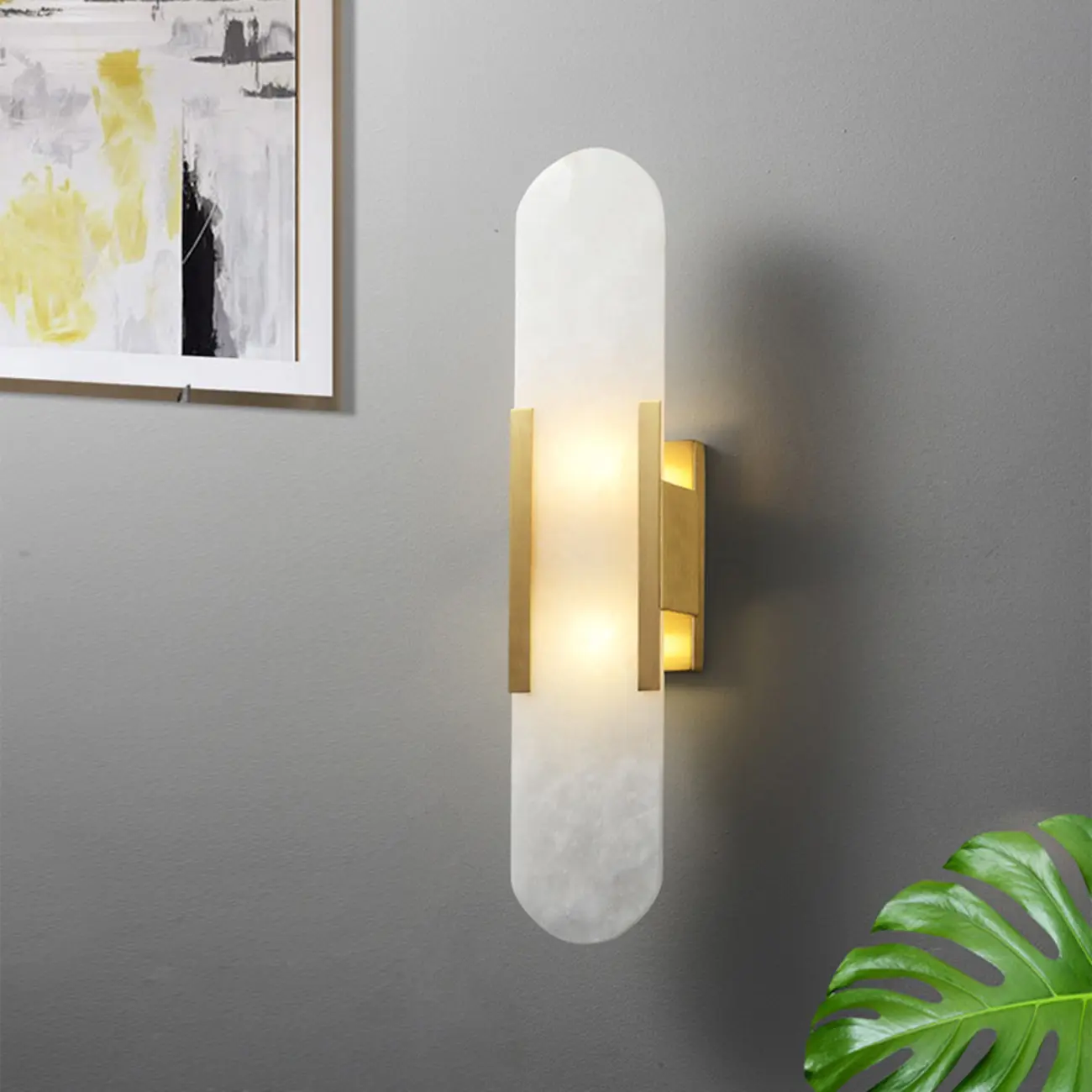 Modern Brass Oval Wall Light with Stone Chalk Shade