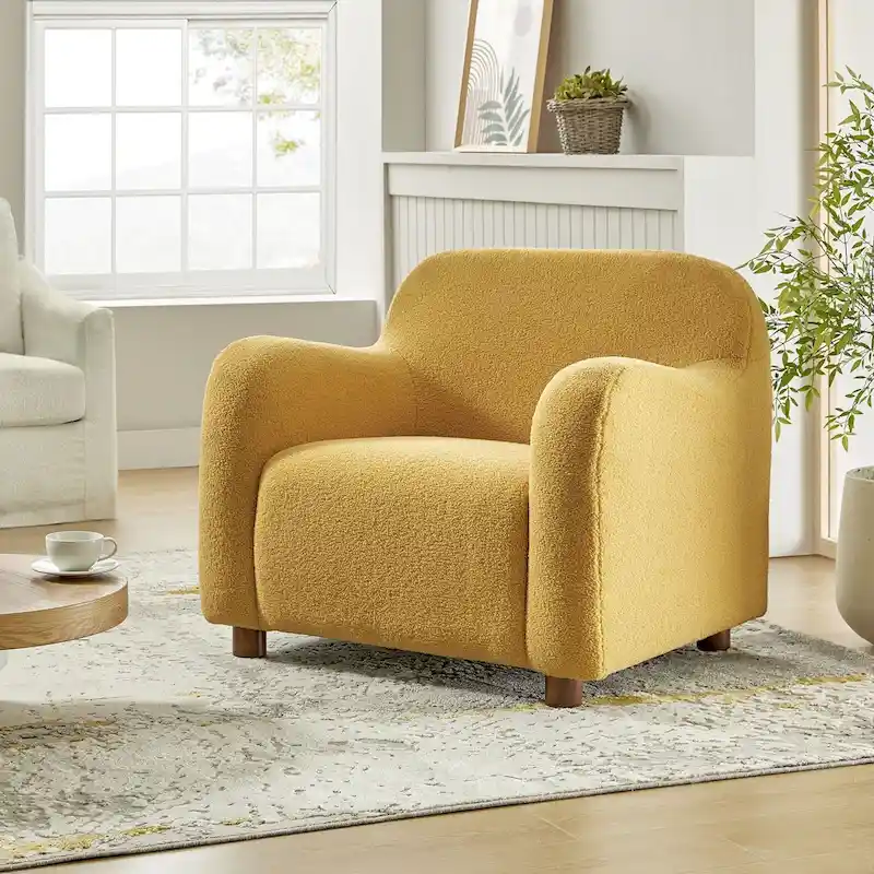 Wayne 35 Wide Boucle Upholstered Teddy Accent Chair with Solid Wood Legs by HULALA HOME