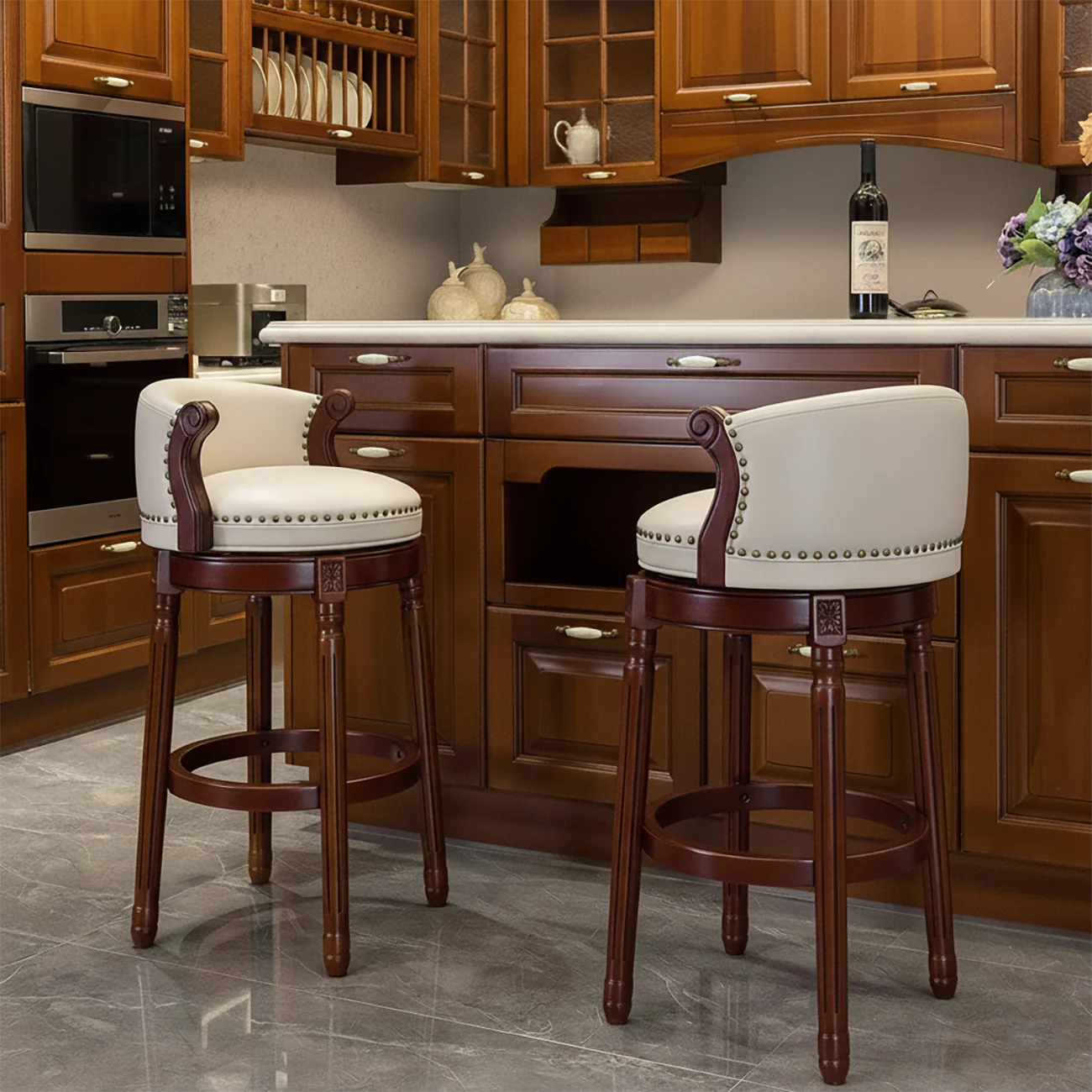 Solid Wood Leather Swivel Counter Stools with Backs