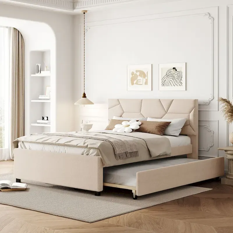 Full Size Upholstered Platform Bed with Brick Pattern Headboard and Twin Size Trundle, Linen Fabric, Beige