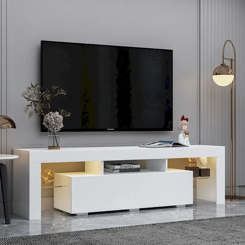 Modern TV Stand up to 70 TV with 2 Drawers & Shelves, LED Lights - 63W x 14D x 18H