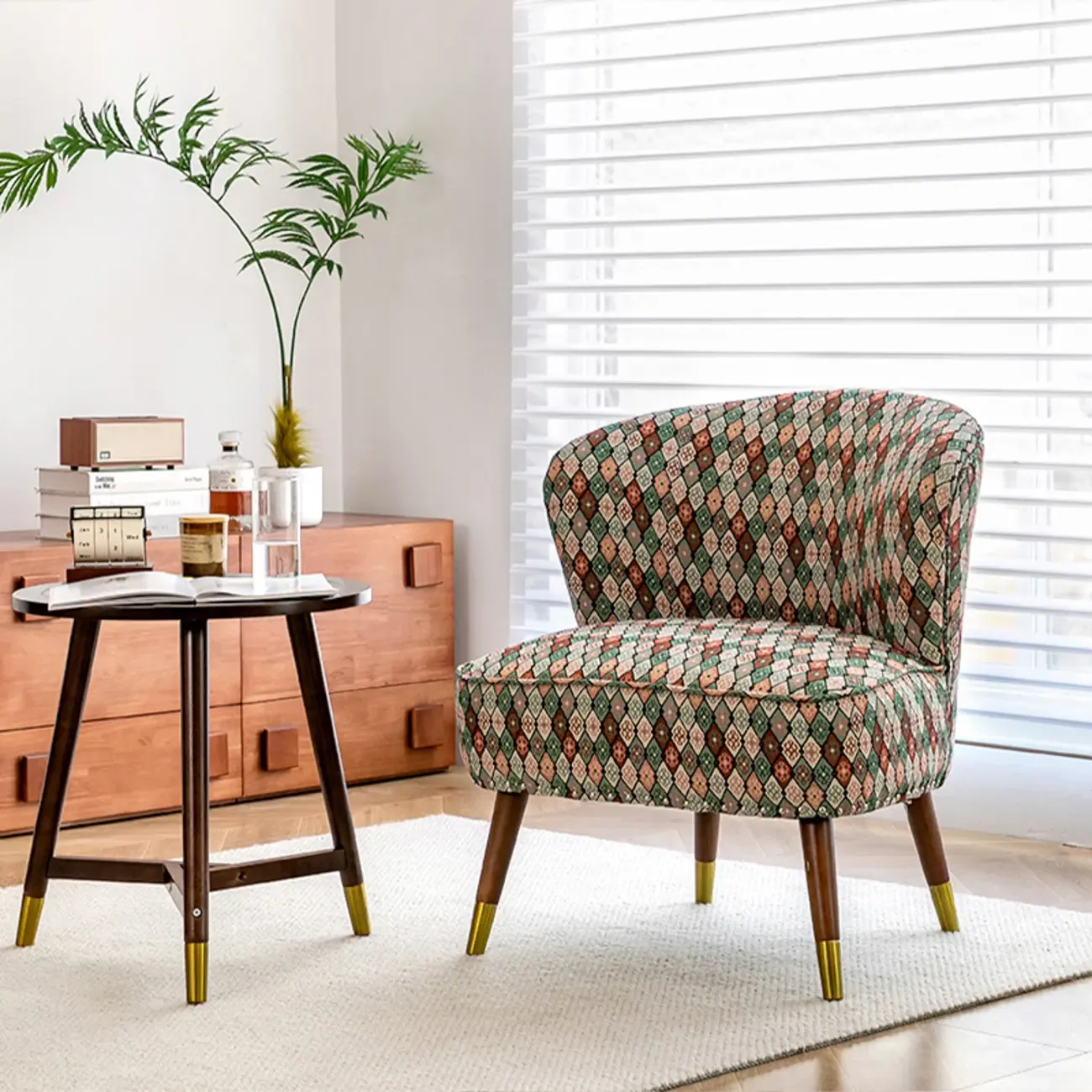 Vintage Bohemian Fabric Accent Chair with Floral Pattern for Home