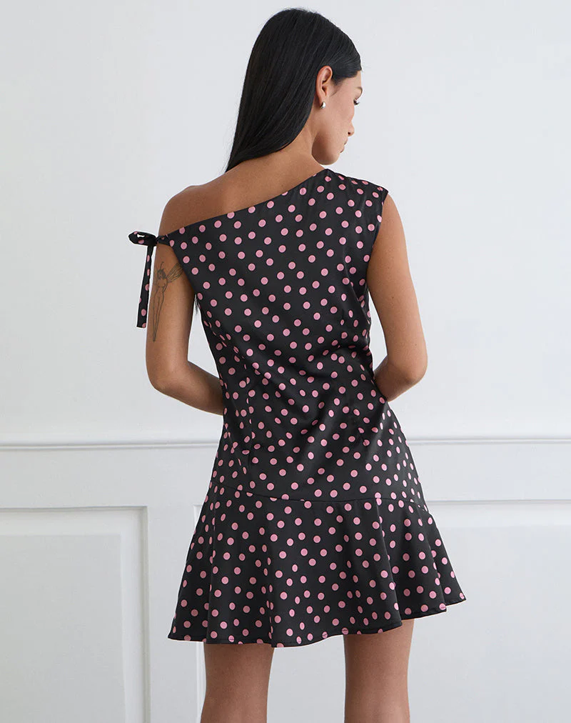 Maribel Mini Dress in Black Satin Scattered with Pink Polka