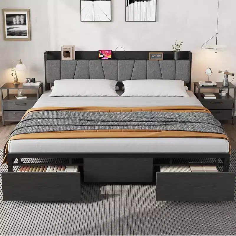 Whizmax King Size Bed Frame with Upholstered Headboard, Industrial King Platform Bed with 2 Storage Drawers and Charging Station, No Box Spring Needed