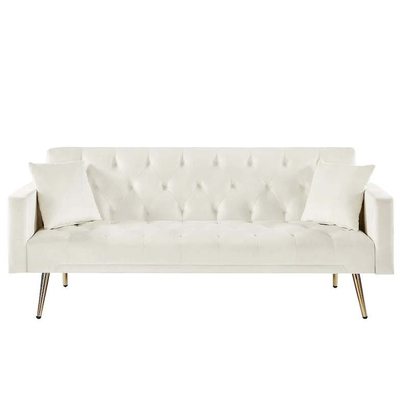 Tufted Upholstered Convertible Folding Sofa Bed Cream White