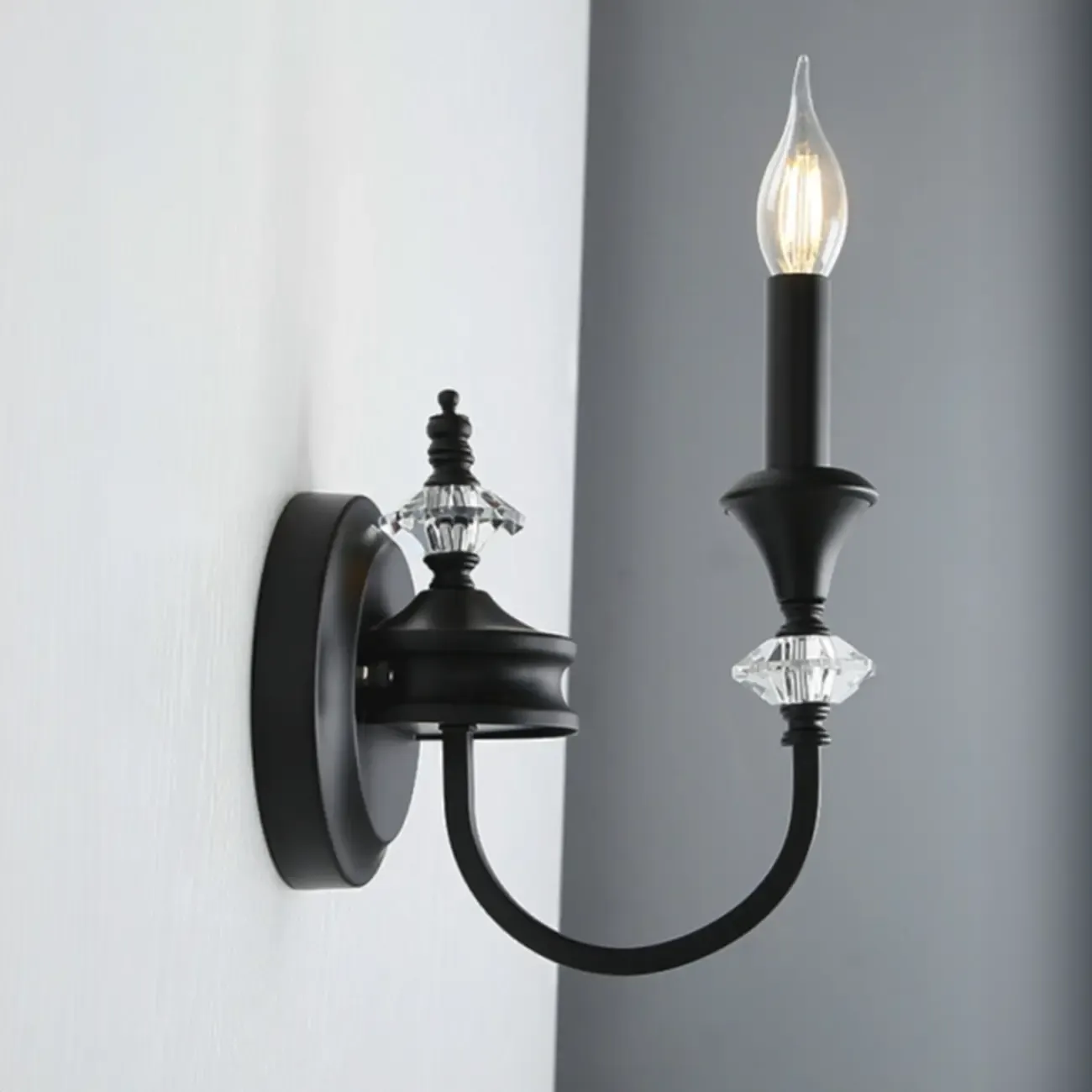 Vintage Cast Iron Candlestick Crystal Wall Sconce