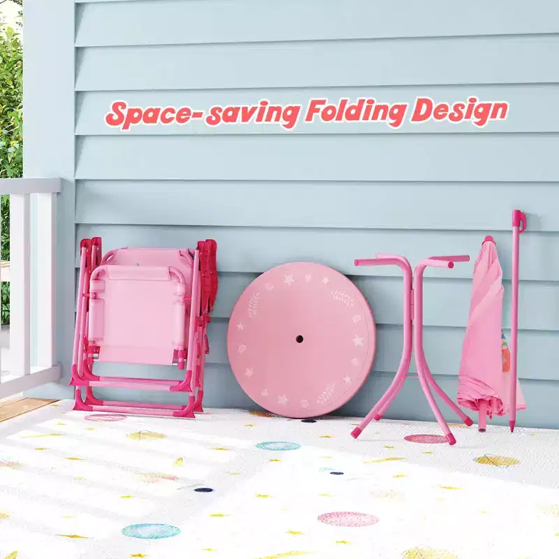 Costway Kids Picnic Table & Chair Set with 2 Folding Chairs & Height Adjustable Umbrella Brown/Green/Pink