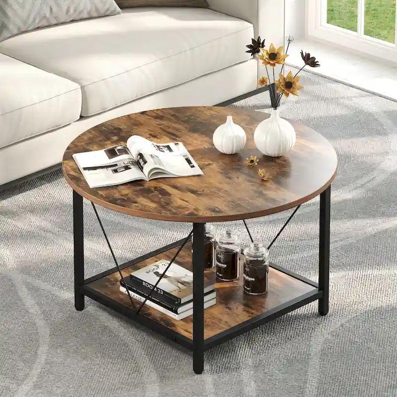 Industrial 2-Tier Round Coffee Table with Shelf