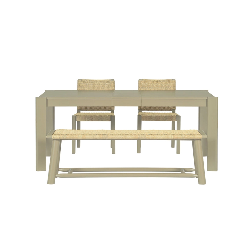 Farmhouse Wood Dining Set of 4, Extendable Kitchen Table Set with 2 Curved Backrest Chairs and Rattan Bench for 4-8 Guests