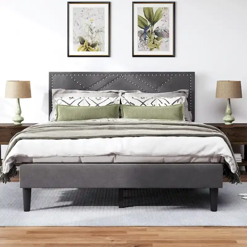 Queen Platform Bed with Upholstered Storage Headboard & Under-Bed Storage