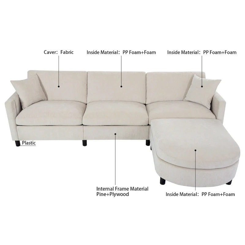 107.87 Removable Cushion 4-Seat Sectional Sofa with Movable Ottoman
