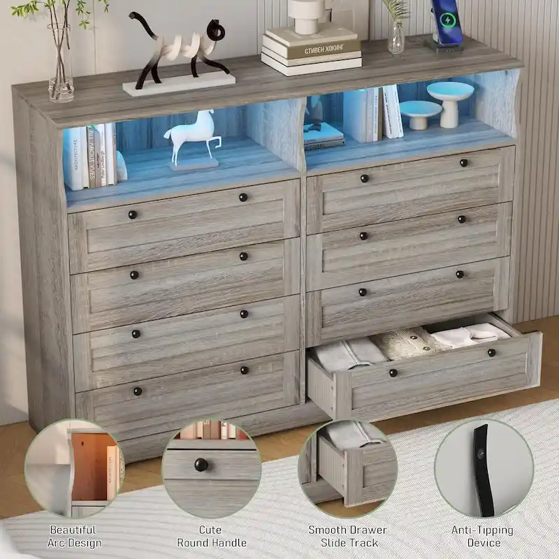 Modern Wood Dresser with 8 Drawers, Bedroom Dresser with Charging Station & LED Lights