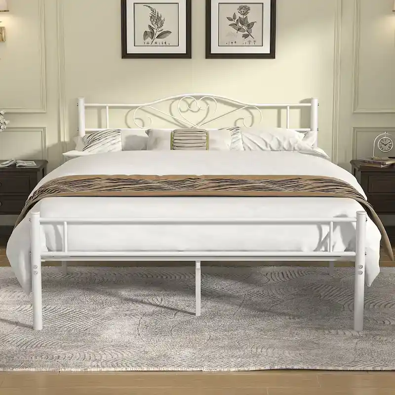 Javlergo Full Size Metal Bed Bed Frame with Headboard and Footboard, White