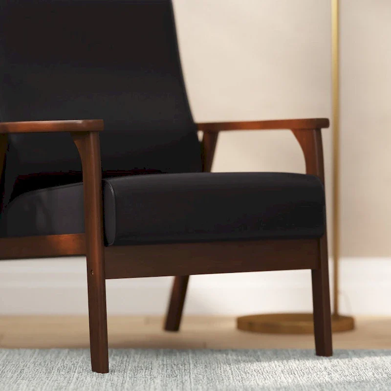 Mid-Century  Armchair with Wooden Frame and Faux Leather Cushions