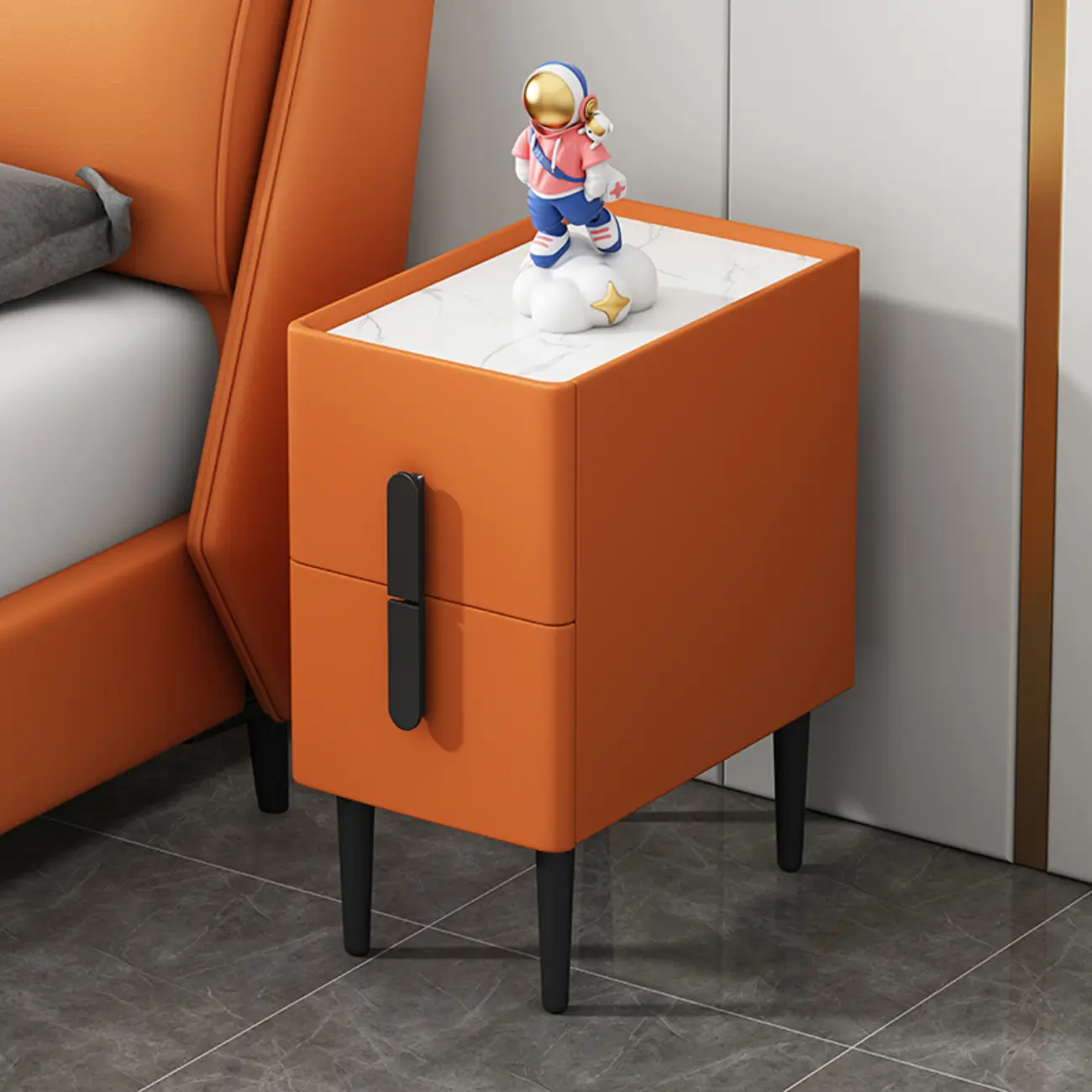 Trendy Gray Bedside 2-Drawer Nightstand with Stone Top