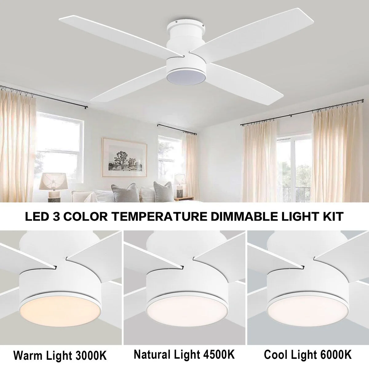 WINGBO 44/52 Inch Flush Mount DC Ceiling Fan with Lights and Remote, 4 Reversible Blades