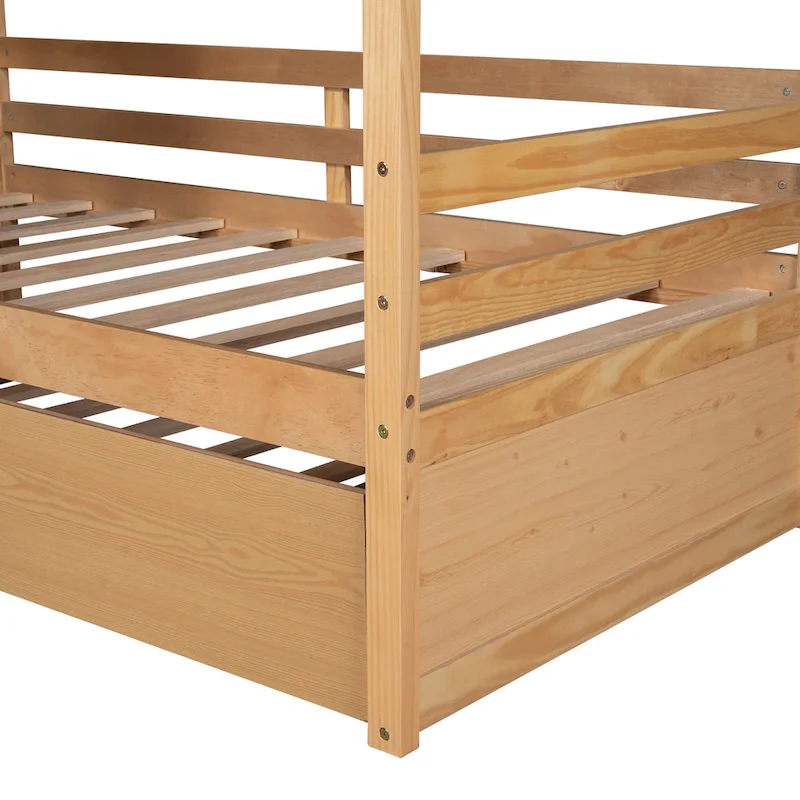 Twin Pine House Bed with Trundle, Guardrail, and Window