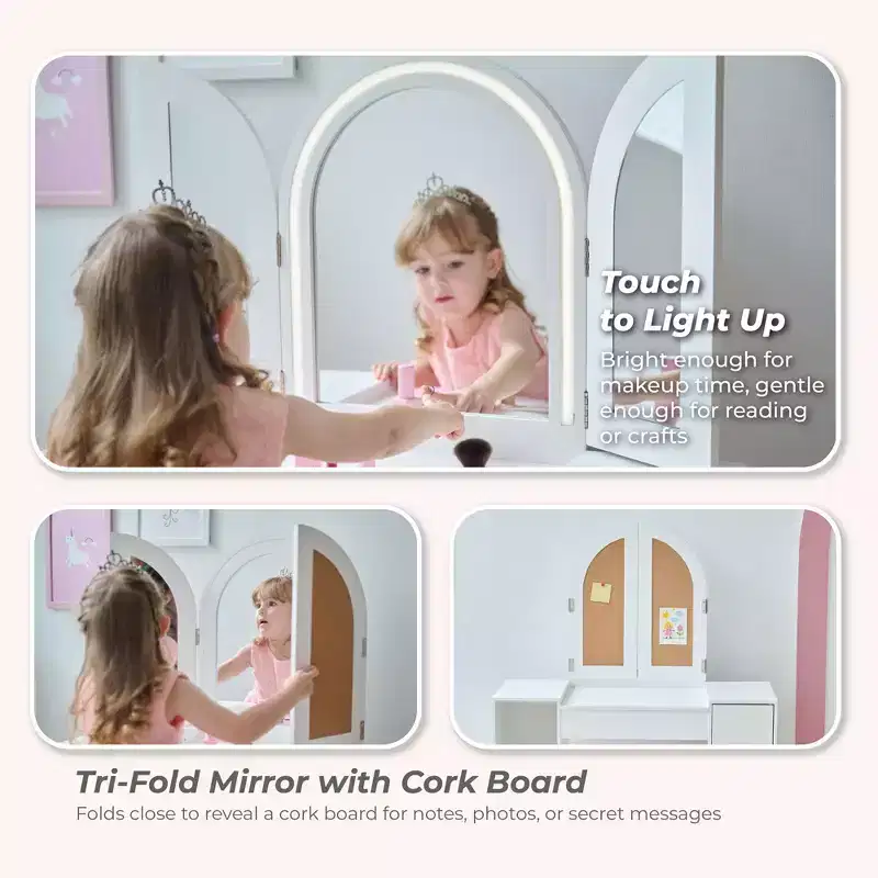 Teamson Kids Deluxe Glow Wooden Vanity Desk with LED Mirror, Storage & Stool, White