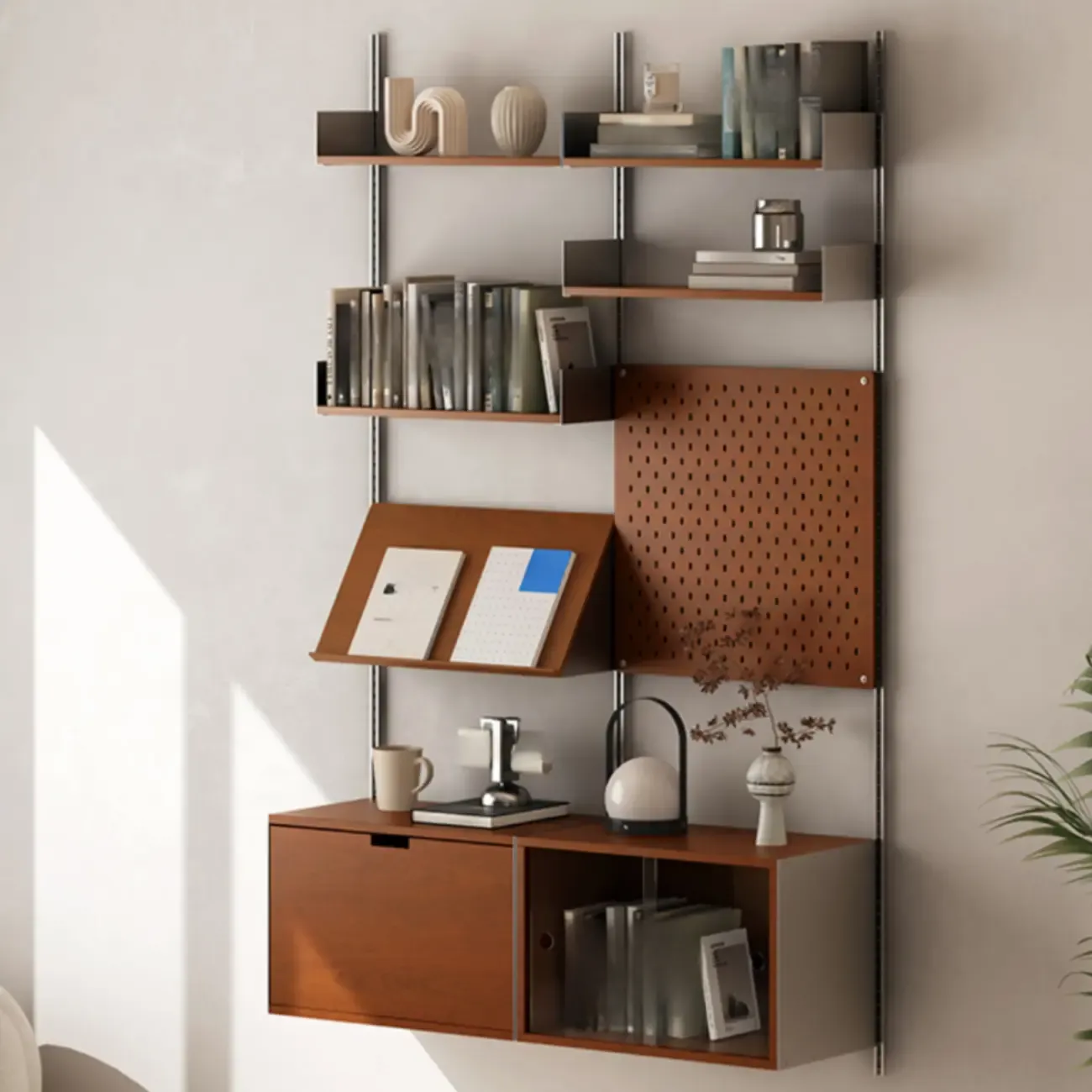 Mid-Century Modern Modular Wall Shelving System Walnut Bookshelf with Pegboard
