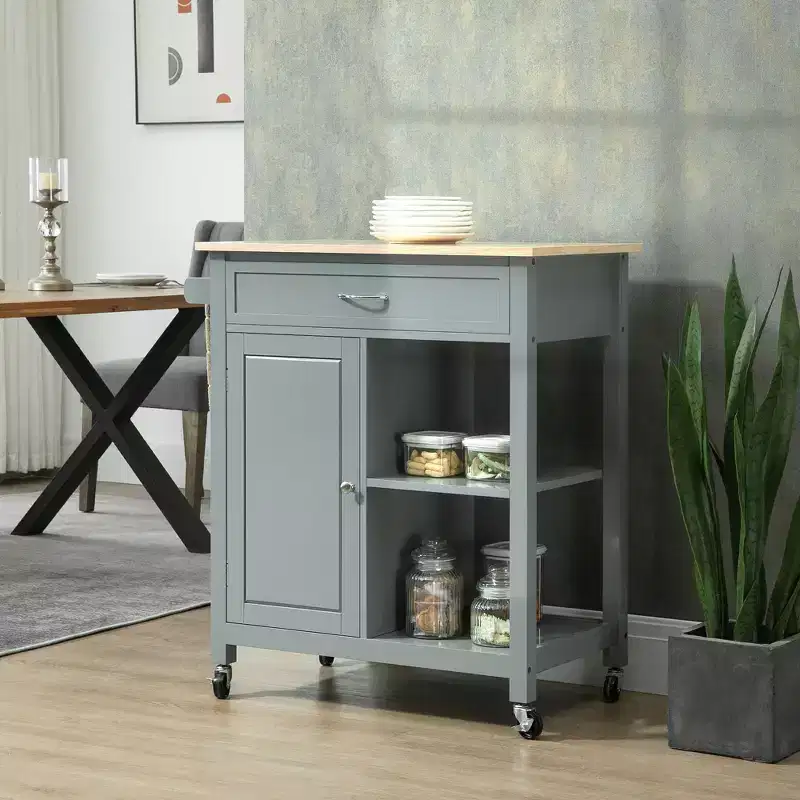 Kitchen Island Cart, Rolling Kitchen Island with Storage Shelf, Solid Wood Top, Drawer, for Dining Room