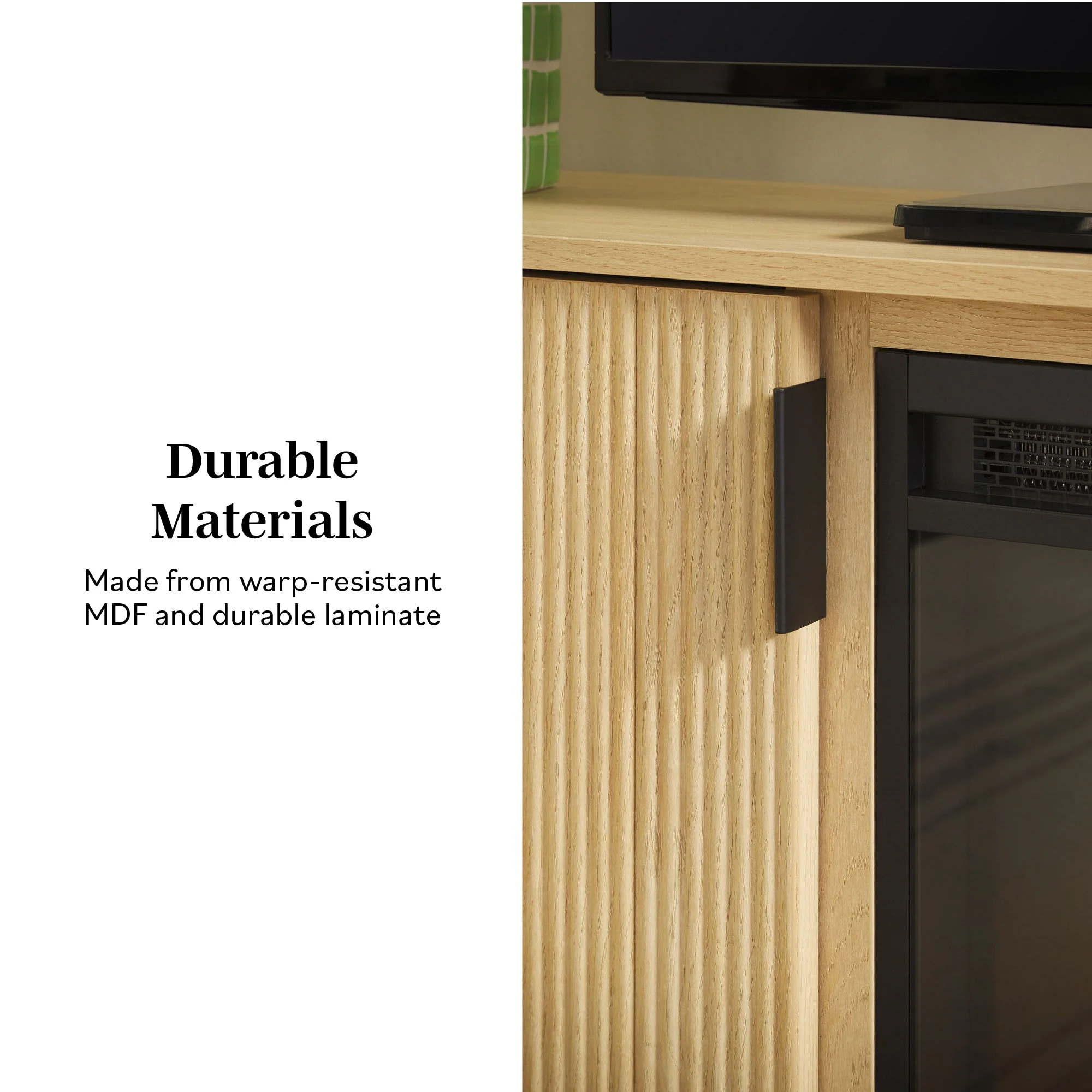 Reema Scandinavian 70 Modern Reeded TV Stand with Freestanding Electric Fireplace