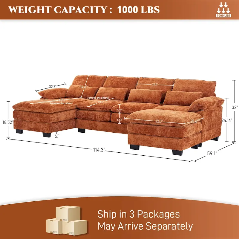 Ouyessir Soft Chenille Fabric U-shaped Sectional Sofa Set with Doudle Layer Cushion
