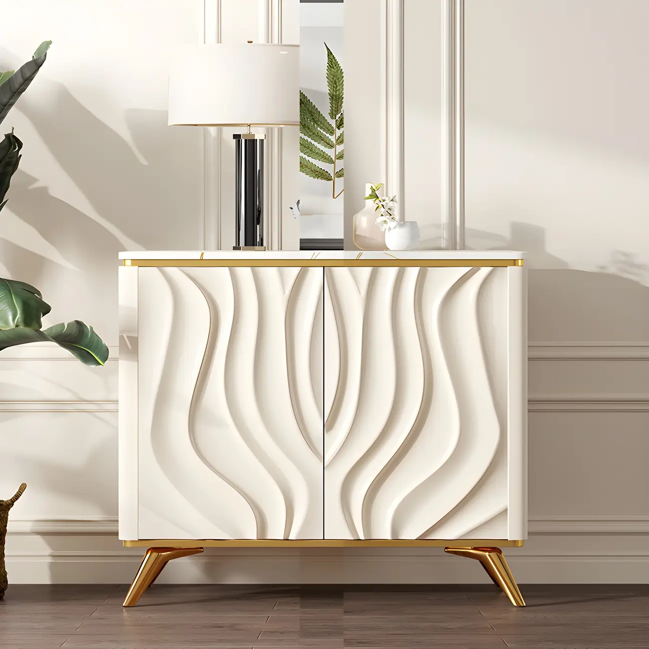 Glam Off-White Wooden Sideboard Cabinets with Carved Door
