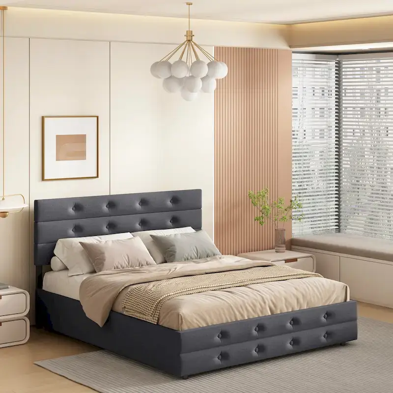 Queen Size Upholstered Linen Fabric Trundle bed with drawers Grey