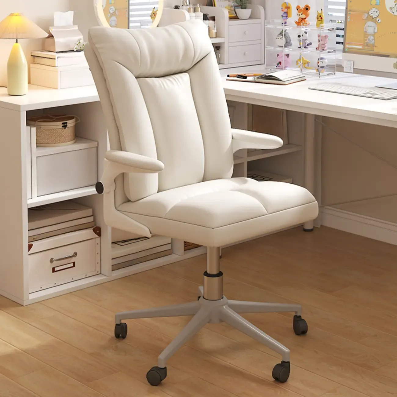 Modern White Fabric Upholstered Adjustable Swivel Office Chair