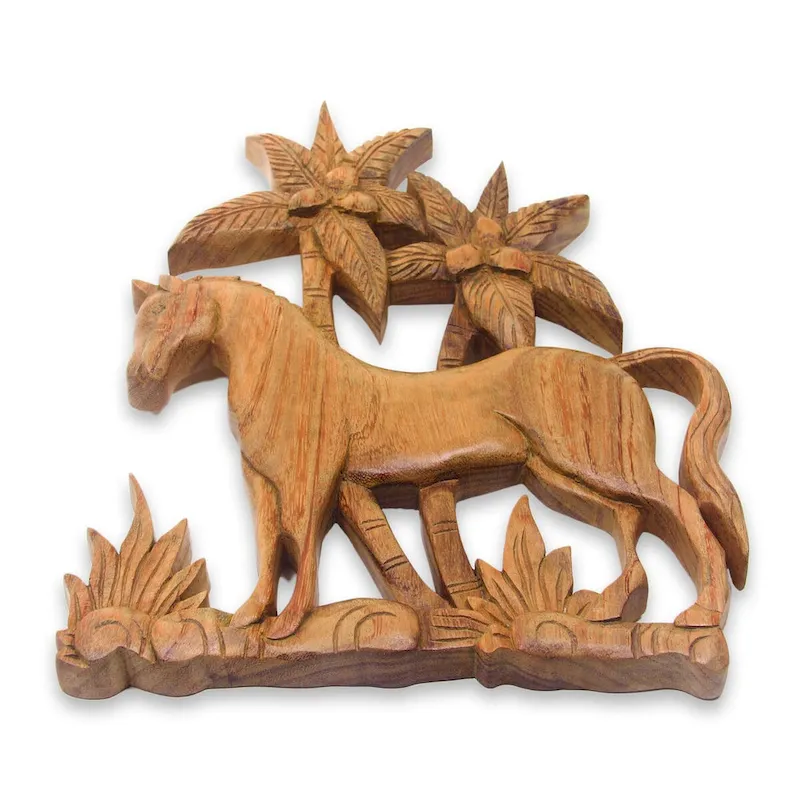 Novica Handmade Sumba Pony Wood Relief Panel