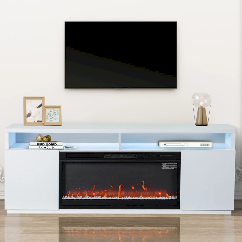 68 Modern RGB LED White TV Stands Console with 36 Fireplace