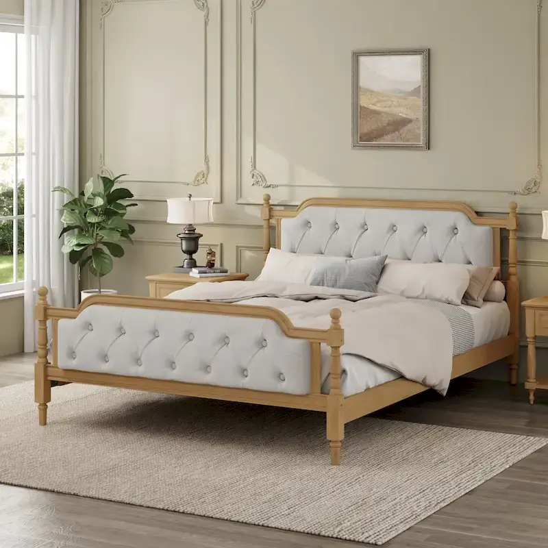Queen Size Wood Platform Bed Frame with Tufted Headboard with Elegant Handcrafted Design, Sturdy Wooden Slats