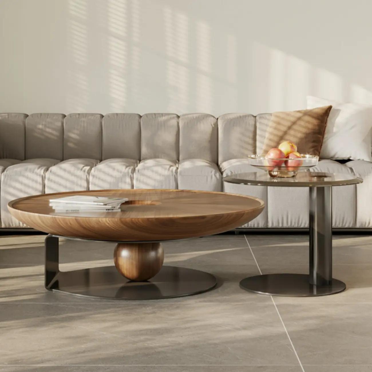 Tray Top Wood Walnut Abstract Base Round Coffee Table