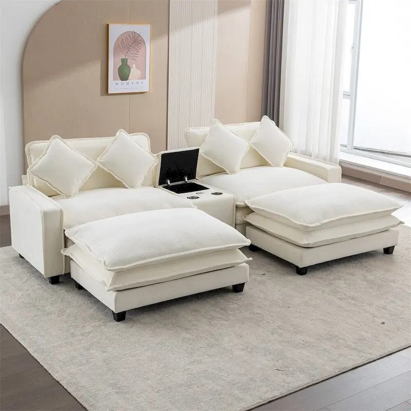 112.6  Chenille Upholstered Sectional Sofa with Two Removable Ottoman
