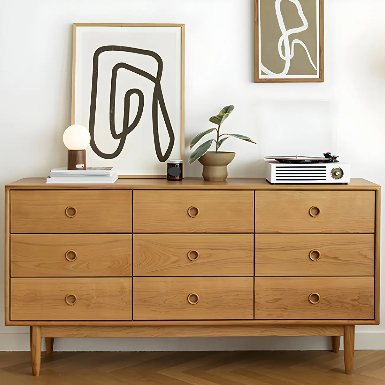 Nordic Natural Cherry Wooden Double Dresser with Drawers