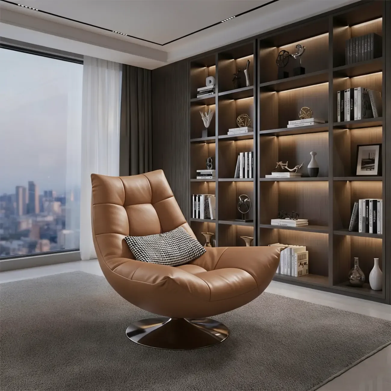 Black Swivel Tufted Leather Accent Chair Pillow Included