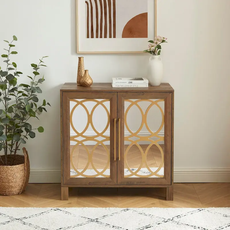 Mirrored Accent Cabinet with Gold Stripes - MDF Storage (32.3
