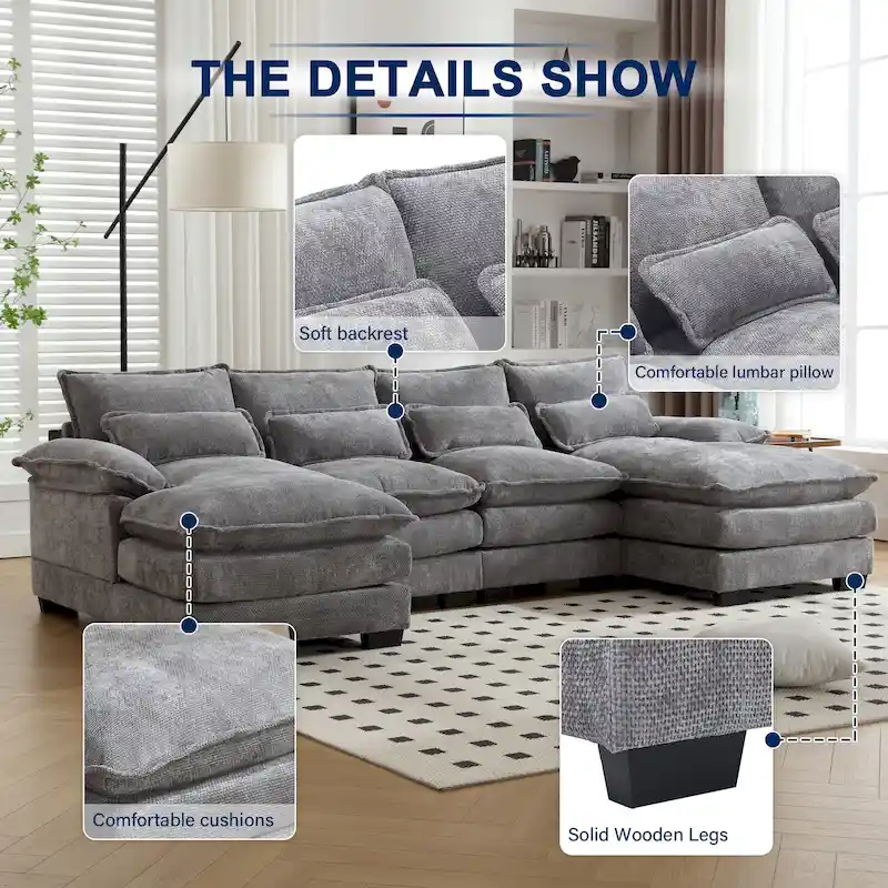Chenille Upholstered U-Shaped Living Room Sectional Sofa With Wooden Legs
