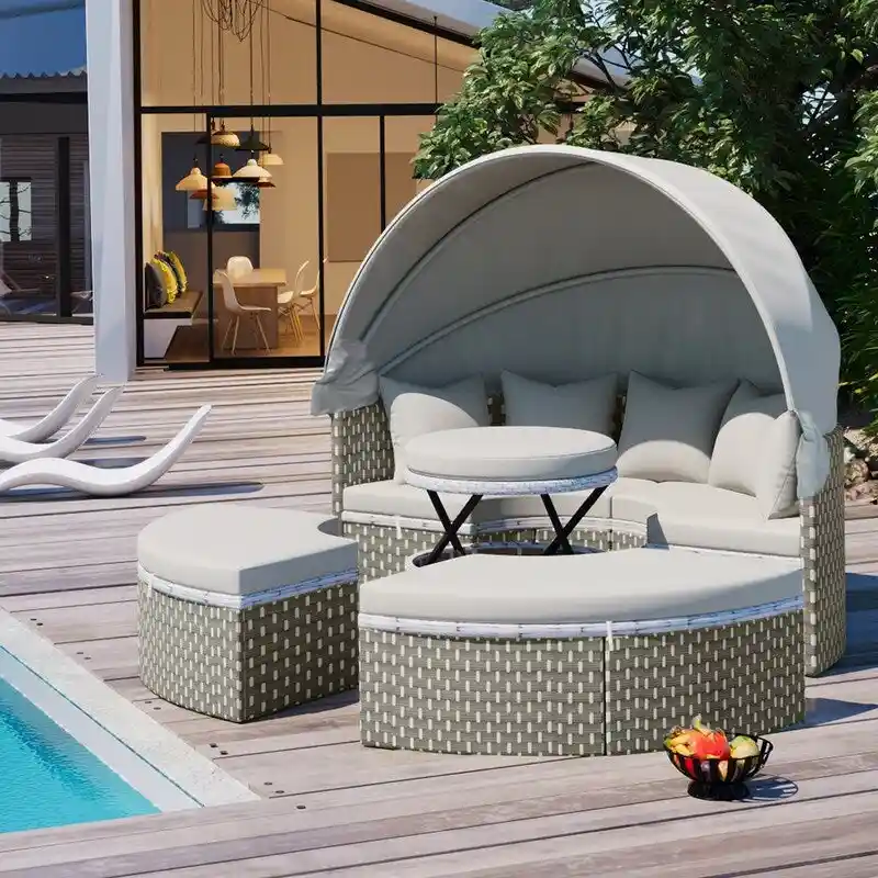 Round Patio Sectional Sofa Set  Two-Tone Rattan Daybed with Retractable Canopy & Modular Seating