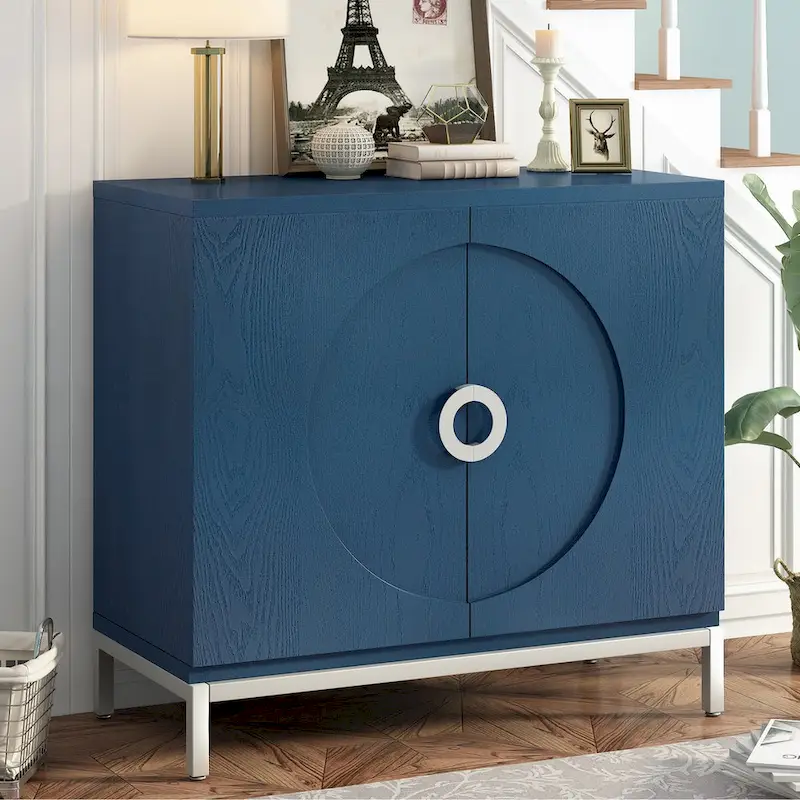 White / Blue / Black Wood Grain Sideboard Cabinet with Adjustable Shelves & Metal Legs