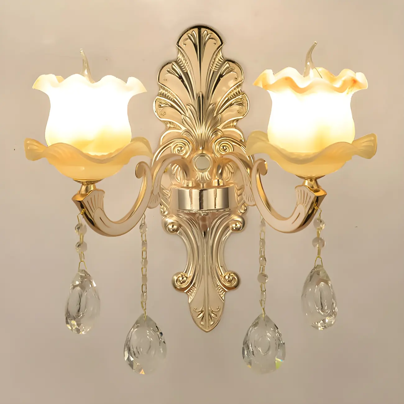 Mid-Century Gold Crystal Ruffled Candelabra Wall Sconce