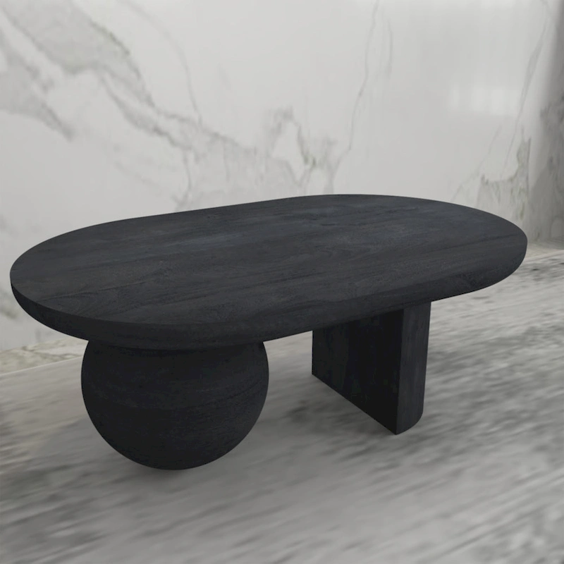 38 Inch Coffee Table, Oblong Mango Wood Top with a Modern Ball Leg