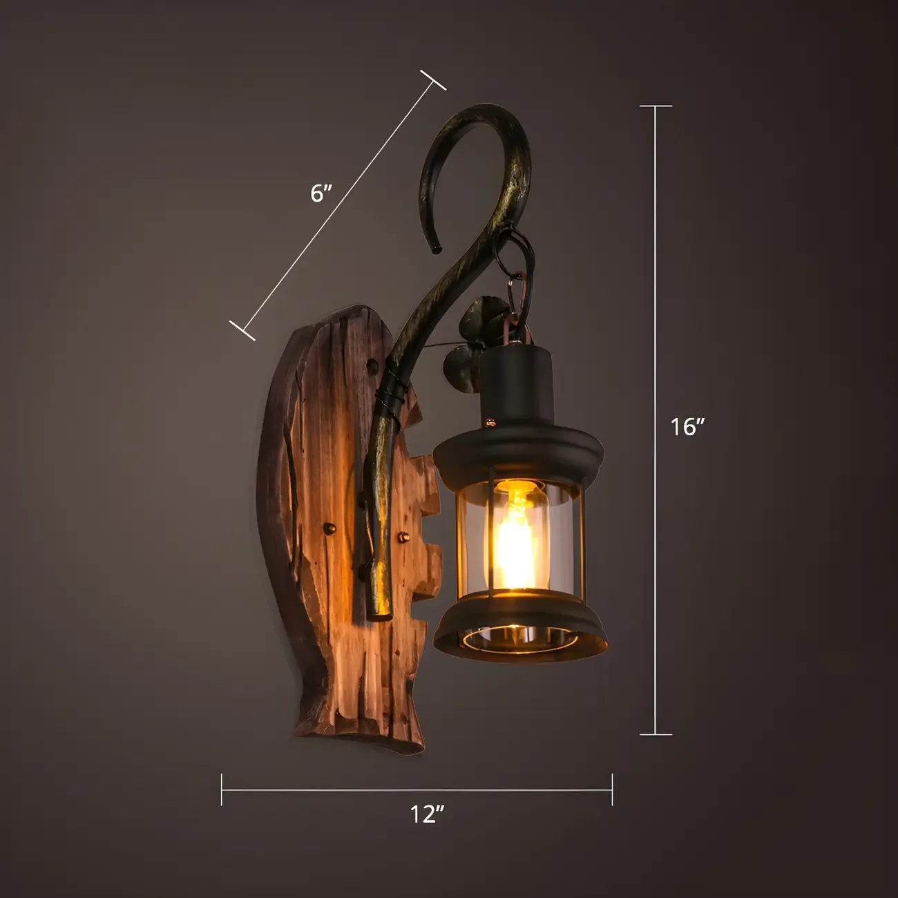 Industrial Distressed Wood Glass Black Wall Lantern Light