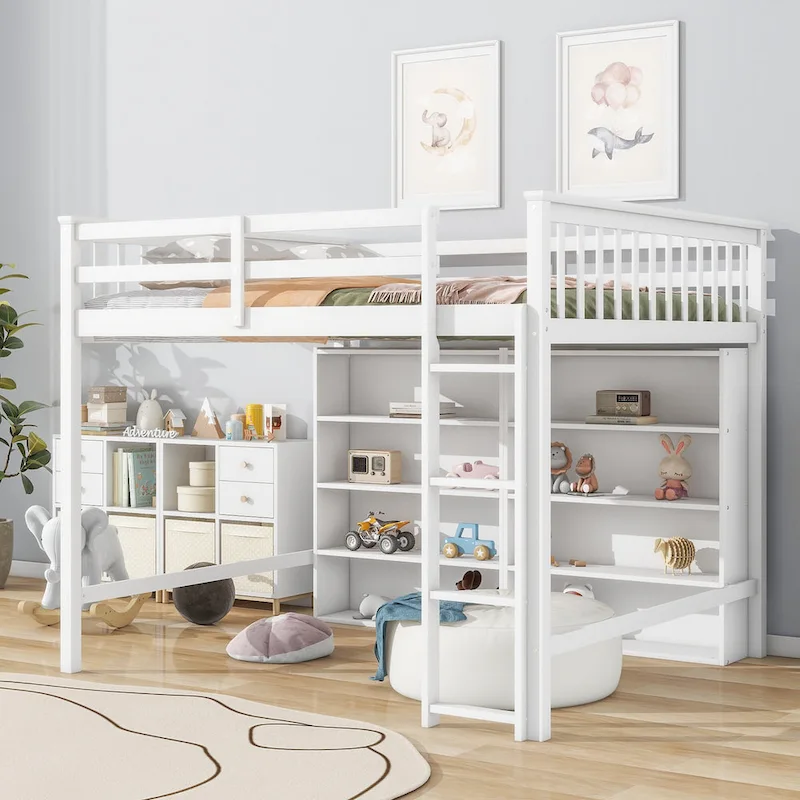 Full Size Loft Bed with Open Storage Shelves and Built-in Ladder