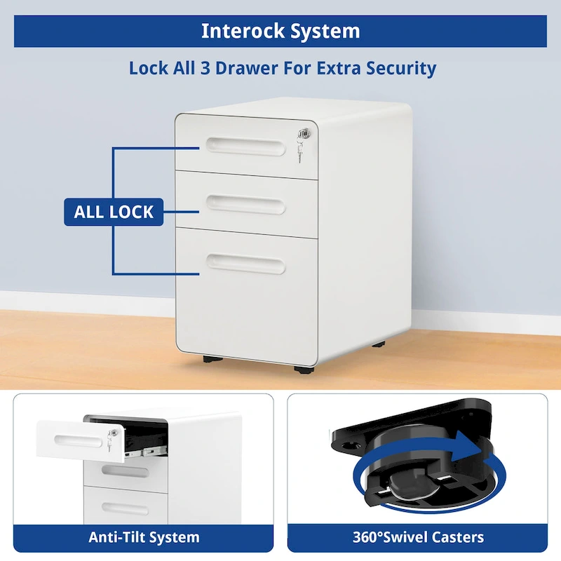 Modern 3-Drawer Mobile Vertical Steel File Cabinet