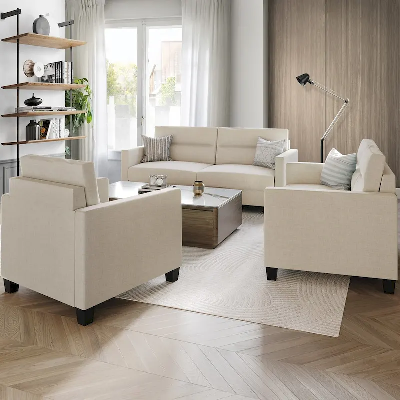 Clean and Minimalist Linen Upholstered 3-Piece Living Room Set