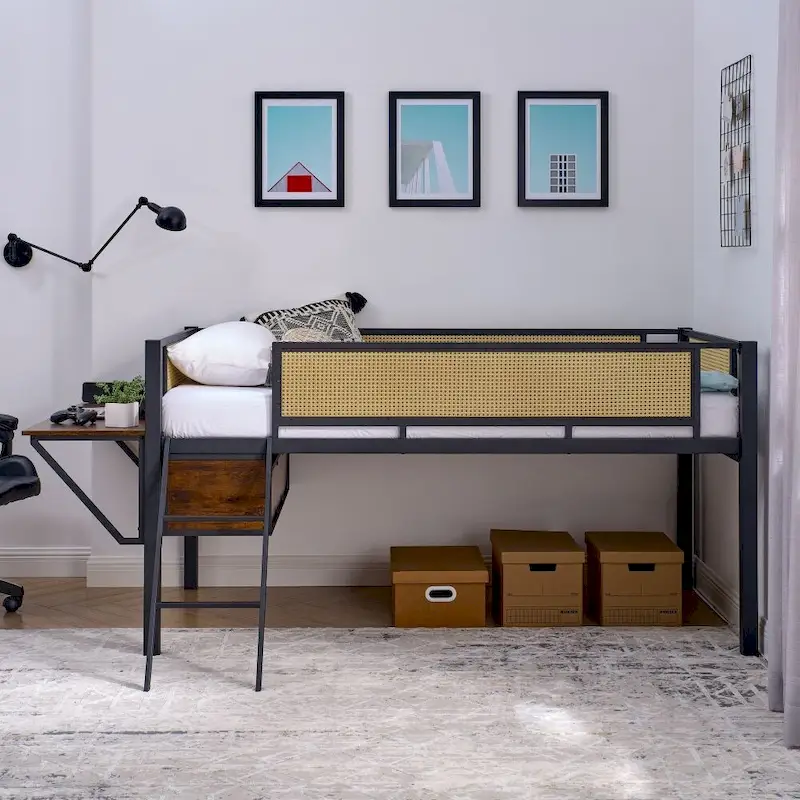 Metal Double Bed Loft Bed with Rectangular Desk, LED Lights